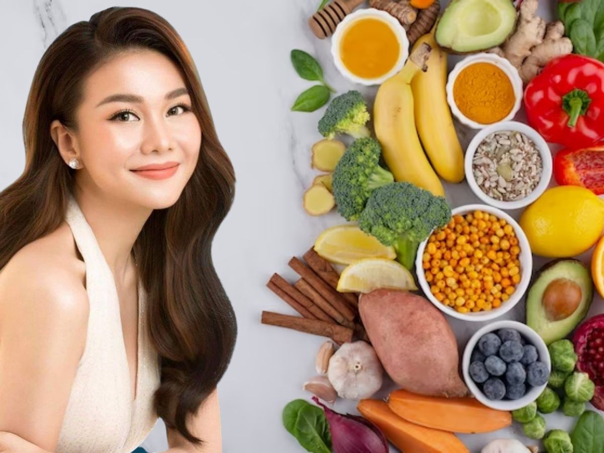 hình cô gái và các loại thực phẩm