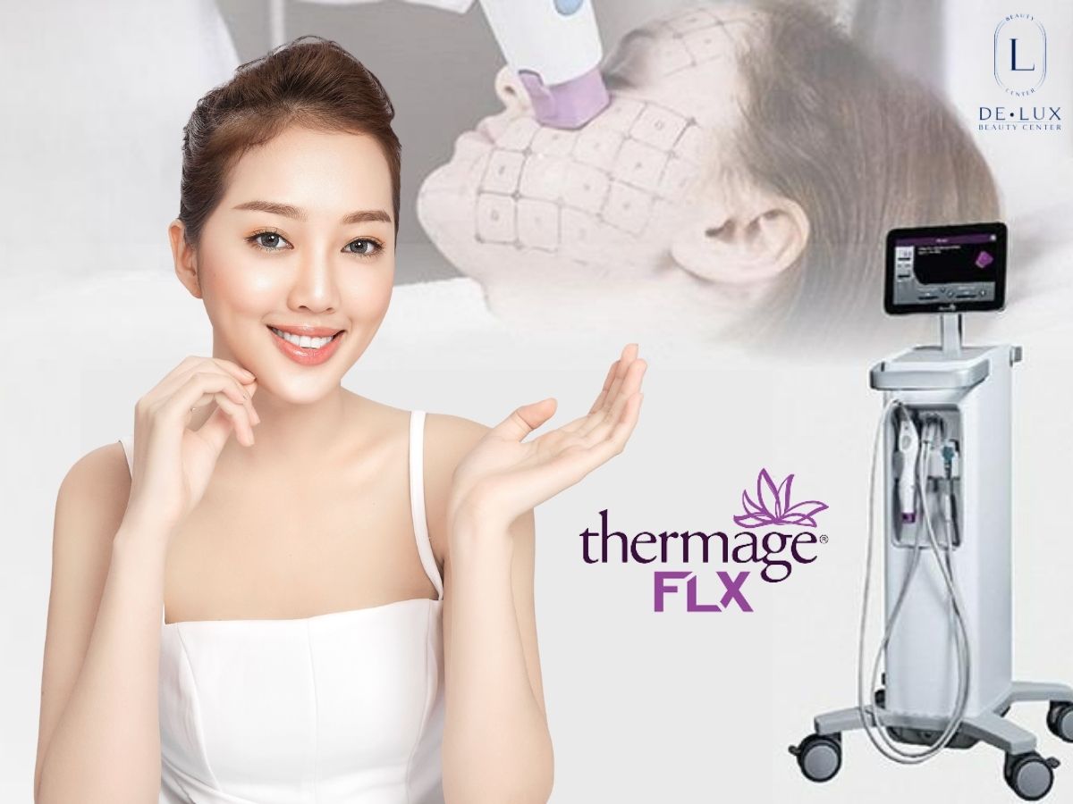 hình cô gái và máy thermage flx và chữ thermage flx