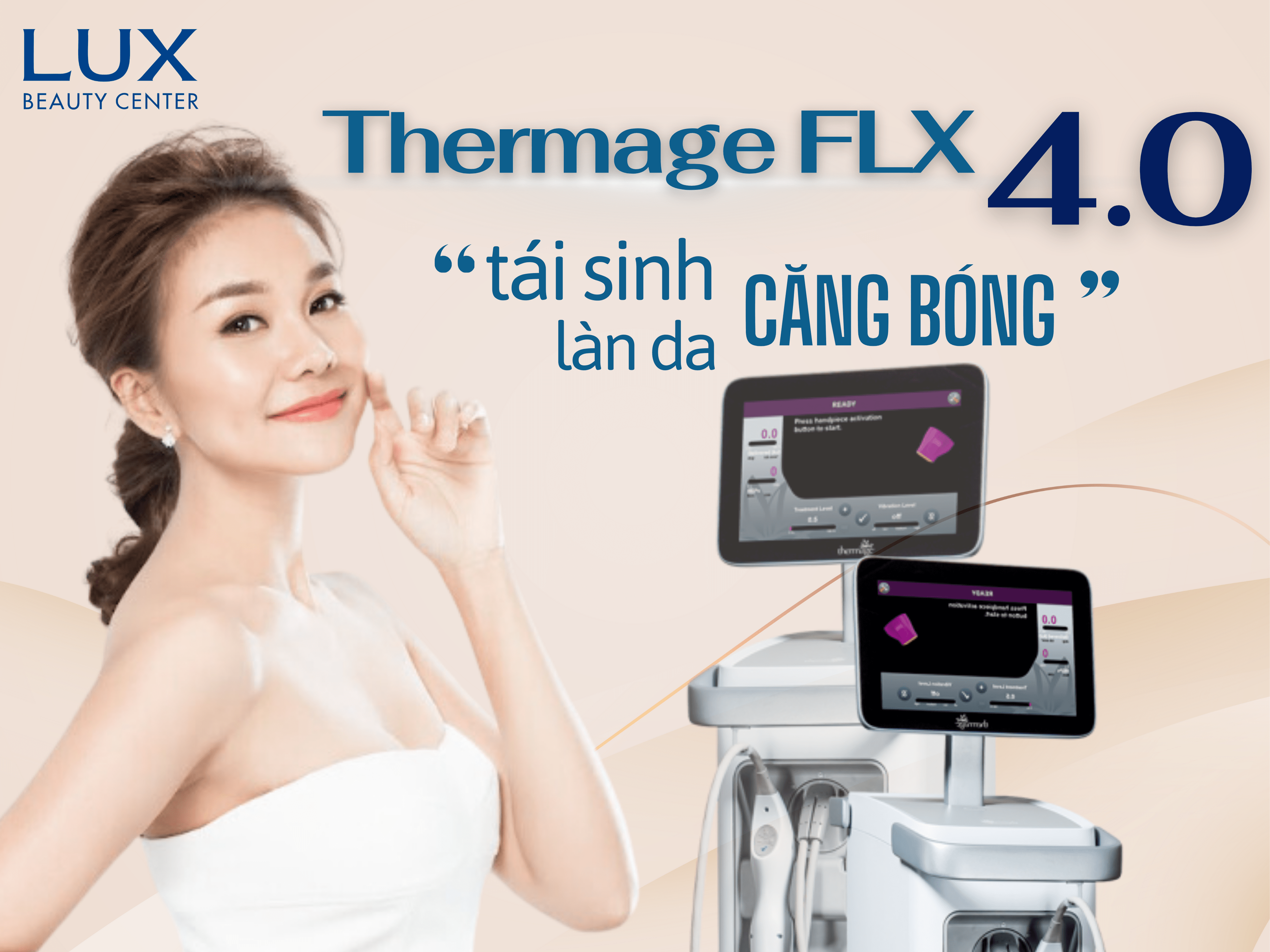hình cô gái và máy thermage flx và chữ thermage flx 4.0