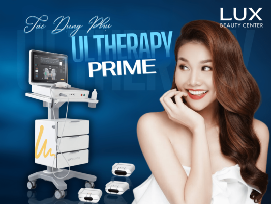 hình cô gái và hình thiết bị và chữ tác dụng phụ của Ultherapy Prime