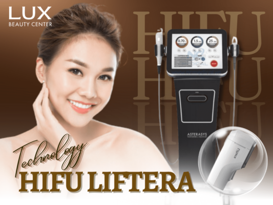 hình cô gái và hình thiết bị và chữ skin tightening by hifu technology