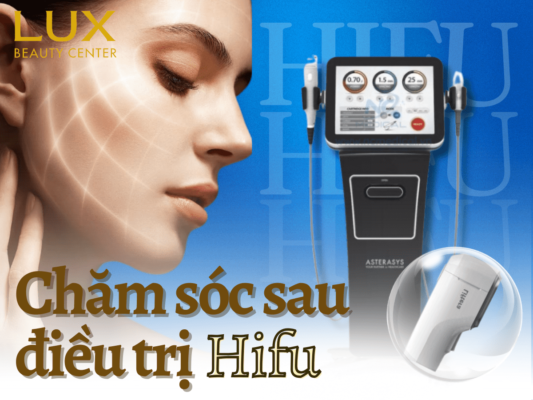 hình người và hình thiết bị Hifu và chữ Chăm Sóc Sau Khi Nâng Cơ Mặt Bằng HIFU