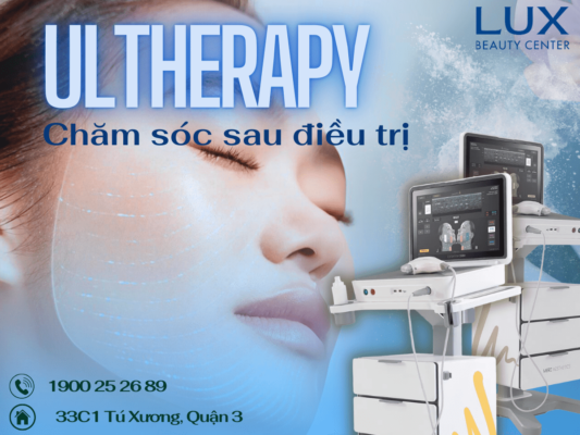 hình người và hình thiết bị Ultherapy và chữ Chăm Sóc Sau Khi Nâng Cơ Mặt Bằng Ultherapy