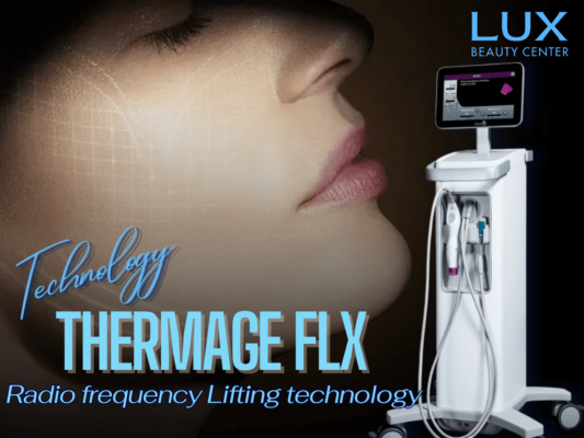 hình người và hình thiết bị Themage FLX và chữ Radiofrequency (RF) Technology – Heating The Dermis To Boost Collagen