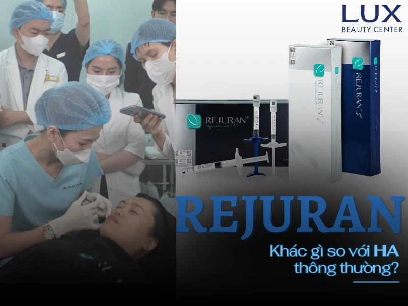 hình bác sĩ tiêm rejuran cho khách hàng và chữ và lọ rejuran