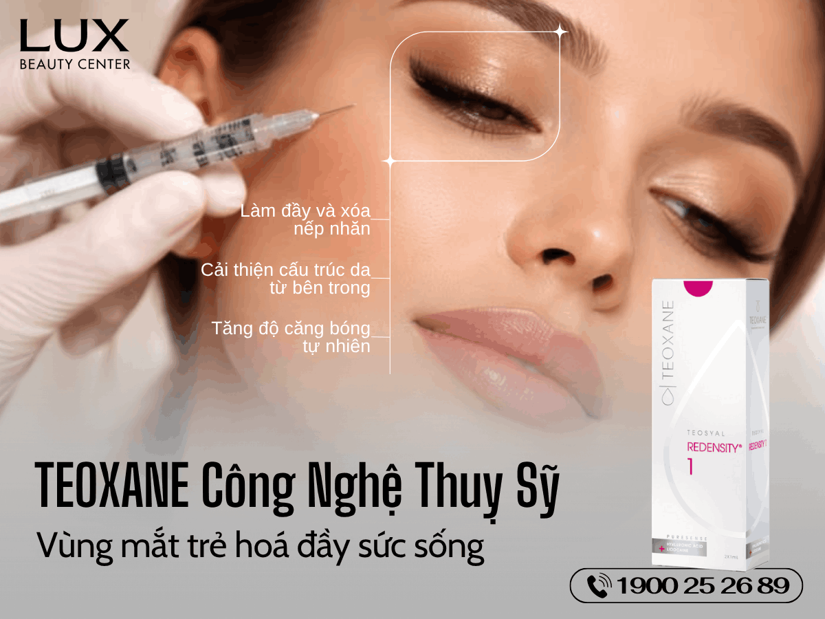 hình người và hình thiết bị tiêm căng da loại bỏ lão hoá teoxane với các dòng hỗ trợ từng tình trạng da và chữ Filler Teoxane Giá Bao Nhiêu