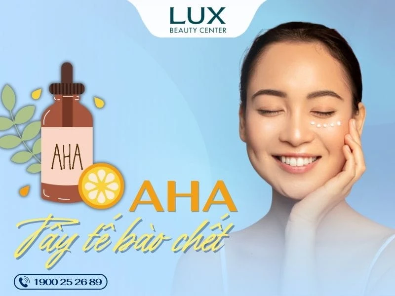 Hình cô gái và chữ AHA tẩy tế bào chết và chai aha