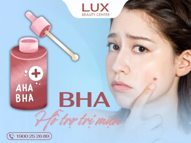 Hình cô gái và hũ bha và chữ bha hỗ trợ trị mụn