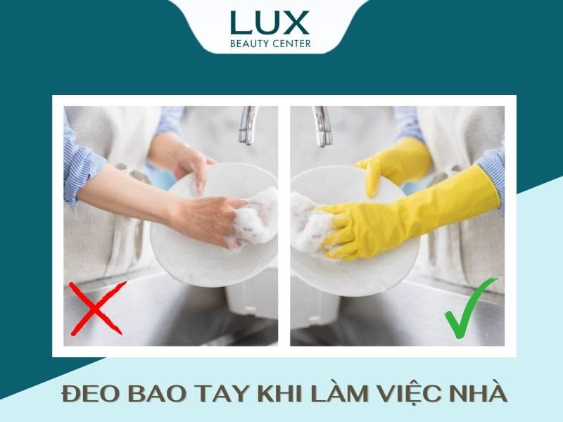 hình cô gái đeo bao tay cao su và cô gái không đeo bao tay khi rửa bát và chữ