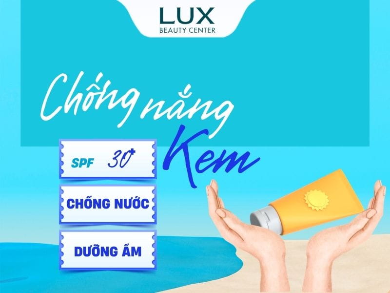Hình kem chống nắng và cái dù và chữ bôi kem chống nắng