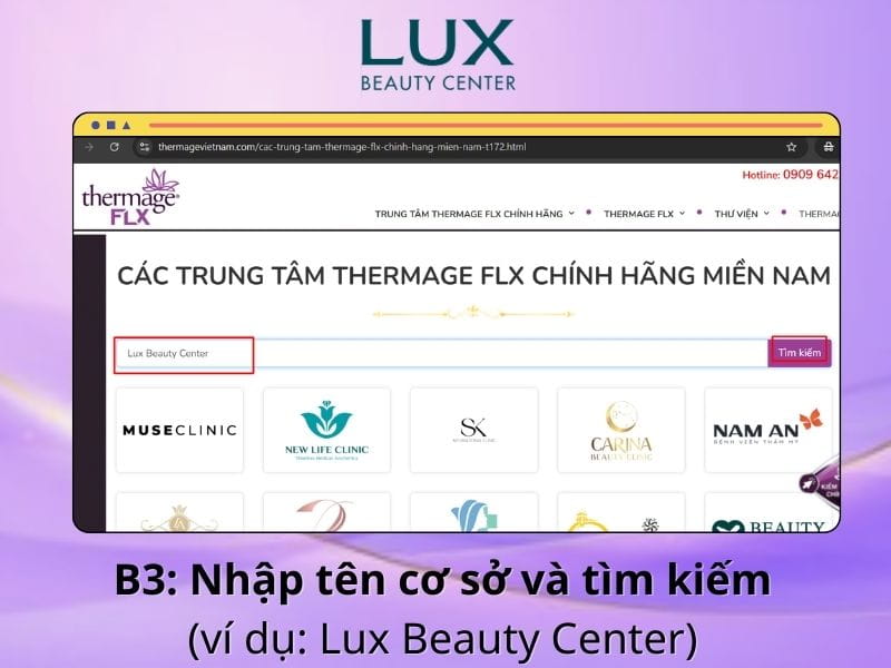 cách tìm tên cơ sở thực hiện Thermage FLX chính hãng tại website