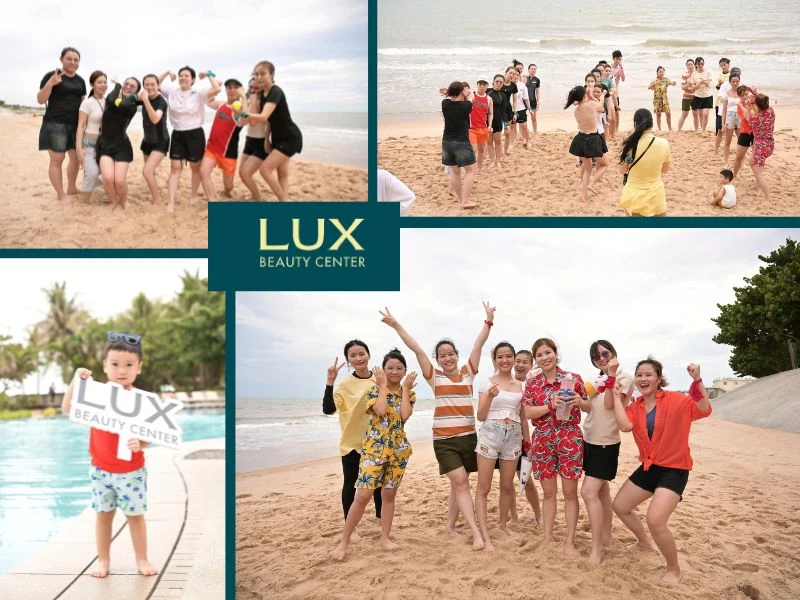 hình nhân viên Lux Beauty Center chụp hình lưu niệm tại Hồ Tràm trong chuyến team building