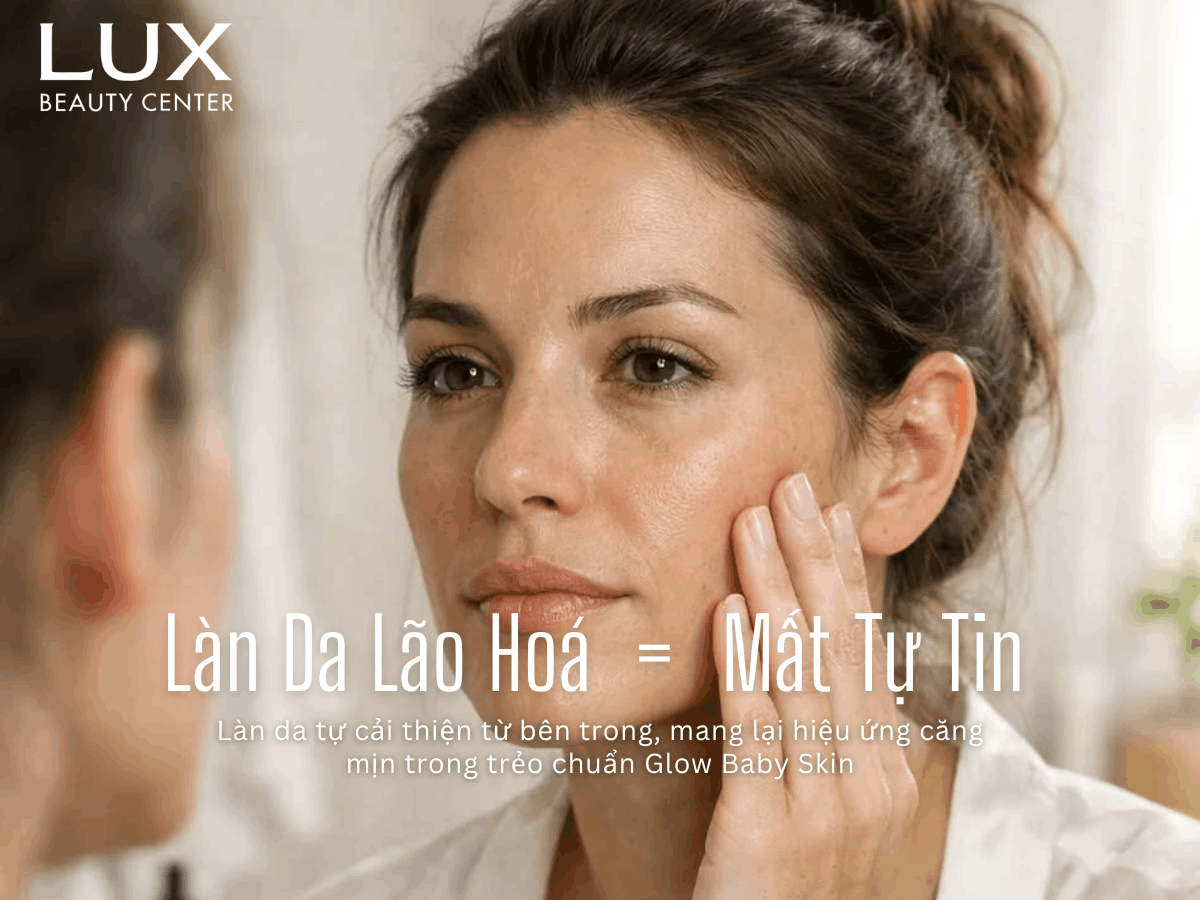 hình người phụ nữ với làn da lão hoá mất sức sống và chữ cải thiện vẻ đẹp từ baby glow
