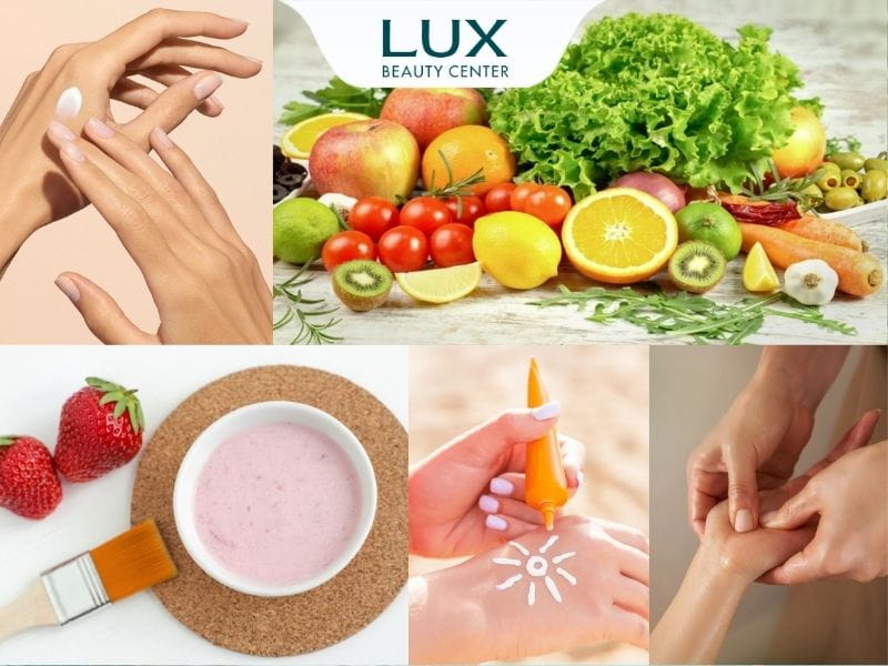 hình rau củ quả và đôi tay và kem chống nắng da tay