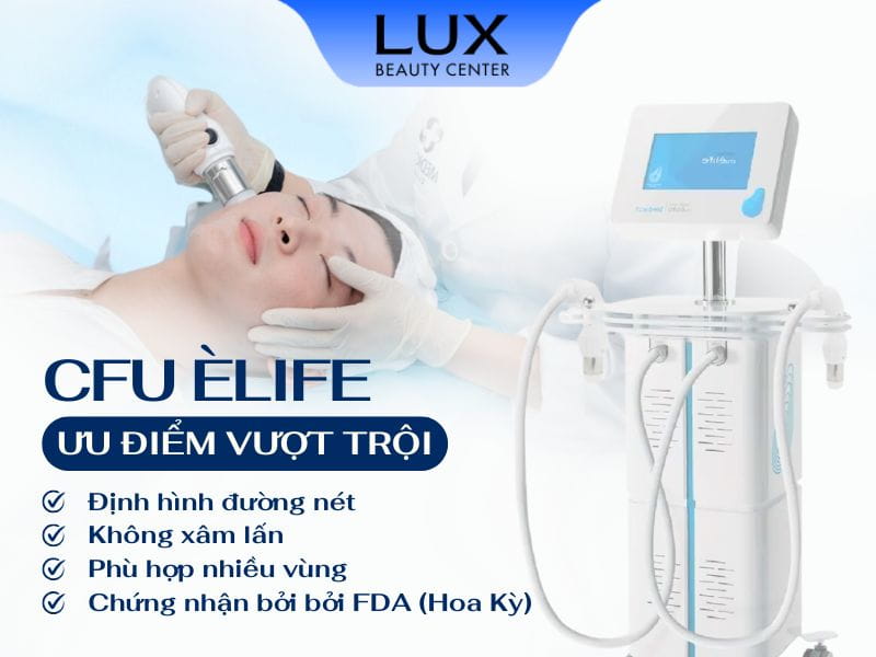 hình máy nâng cơ CFU Èlife và bác sĩ đang thực hiện liệu trình cfu cho khách hàng và chữ
